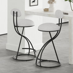 Round Print Bar Stools Set of 2 Black Metal Upholstered Chairs for Kitchen Island & Dining Rooms Counter Stools (Black & White Print)