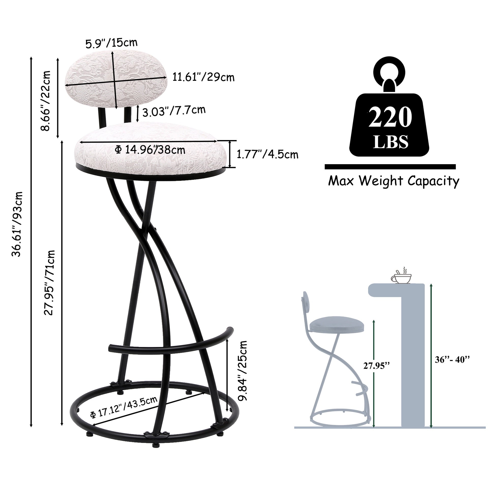 Round Print Bar Stools Set of 2 Black Metal Upholstered Chairs for Kitchen Island & Dining Rooms Counter Stools (Black & White Print)