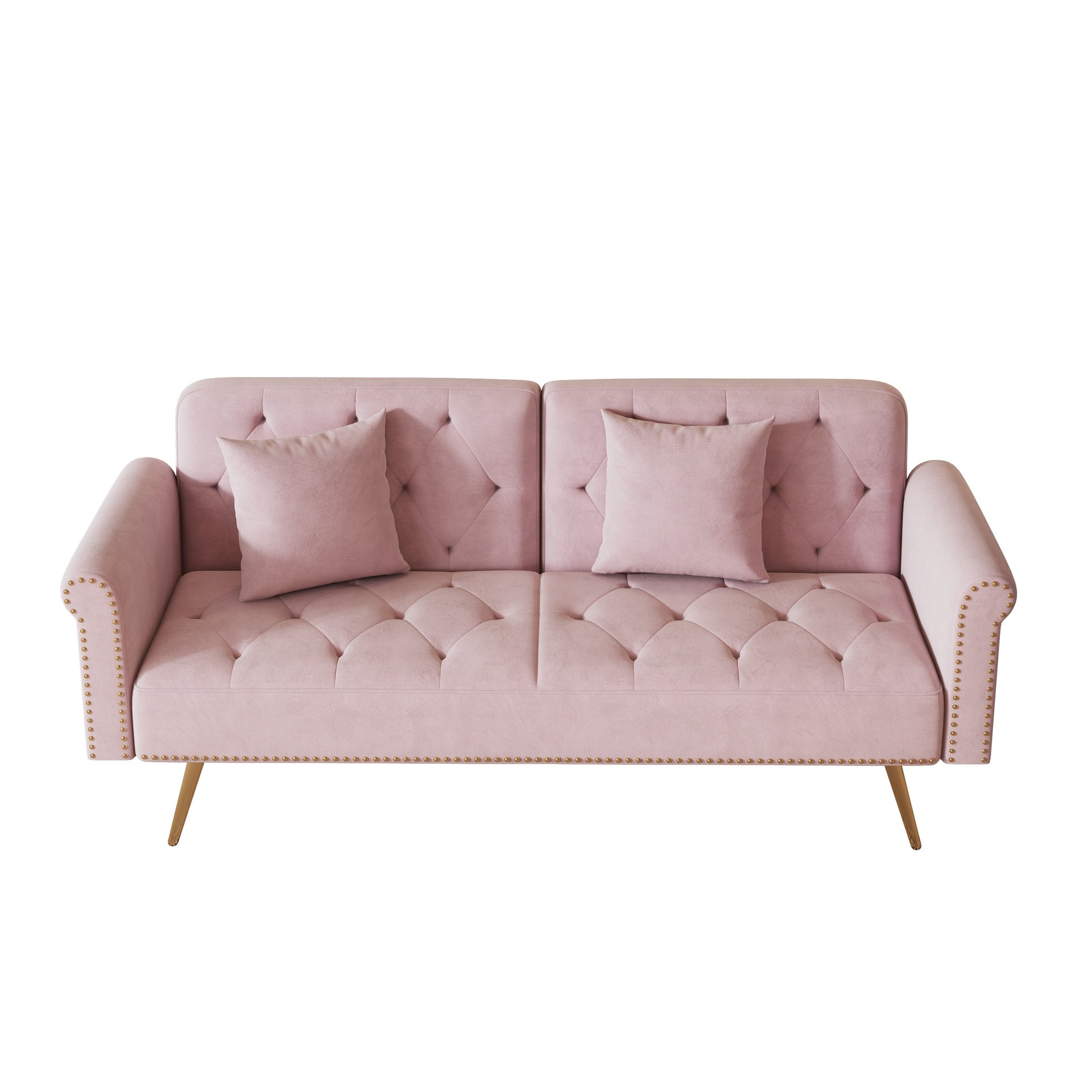 A 69.7-inch-long sofa bed covered in pink velvet fabric, featuring nail head trim and accompanied by a matching throw pillow