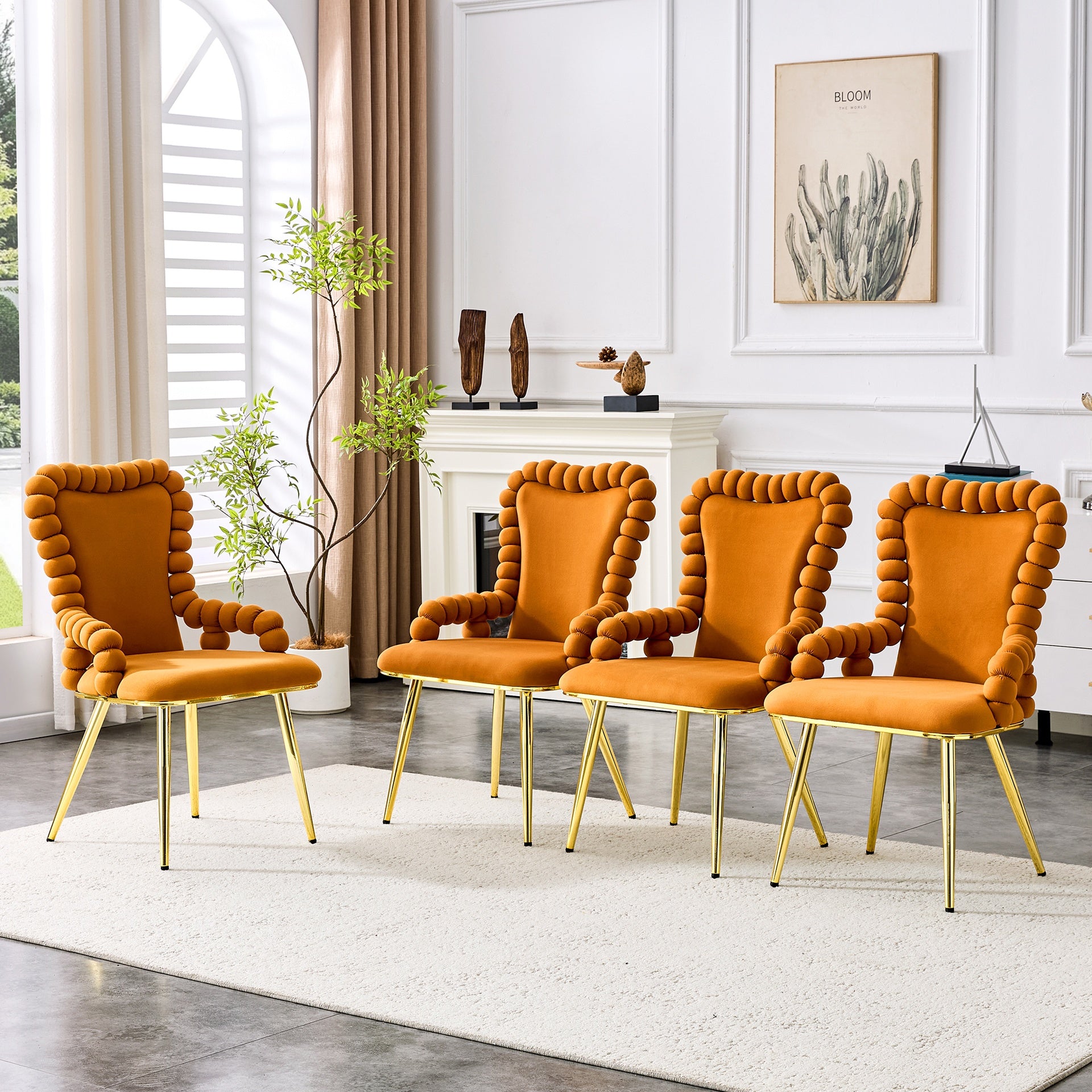 Set of 2 Orange Puffy Bubble Chair Ball Chain Chair Velvet Dining Chairs with Gold Legs, Upholstered Accent Chairs with Armrests for Dining Room & Kitchen