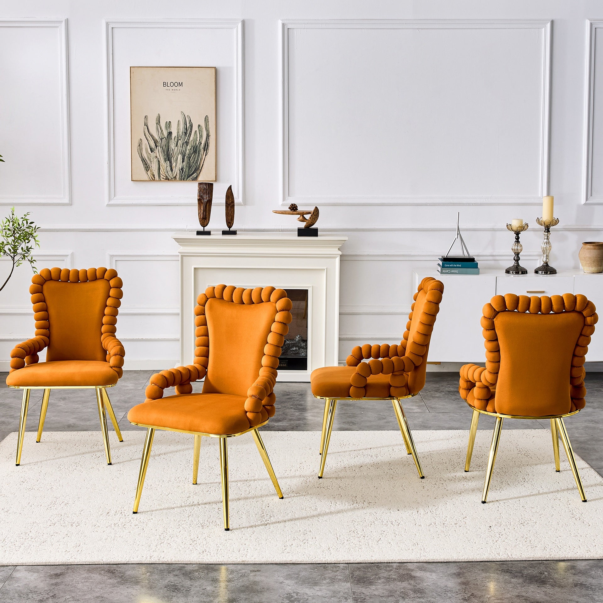 Set of 2 Orange Puffy Bubble Chair Ball Chain Chair Velvet Dining Chairs with Gold Legs, Upholstered Accent Chairs with Armrests for Dining Room & Kitchen