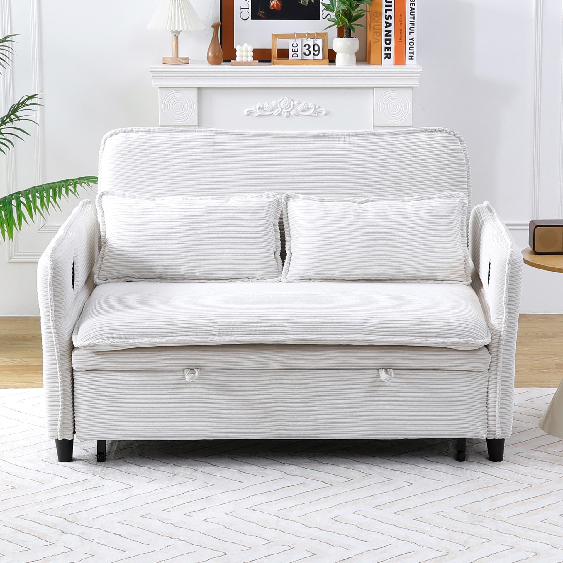 65.74-inch beige letter striped fabric multi-functional sofa bed, suitable for bedrooms and living rooms.  The armrests and backrests are adjustable.