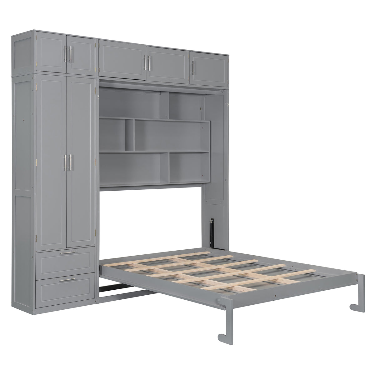 Queen Size Wall Murphy Bed with Top Cabinet,Shelves  and  Wardrobe, Space Saving Foldable Bed,Gray(old sku:N708S00022E)