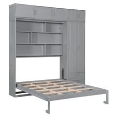 Queen Size Wall Murphy Bed with Top Cabinet,Shelves  and  Wardrobe, Space Saving Foldable Bed,Gray(old sku:N708S00022E)