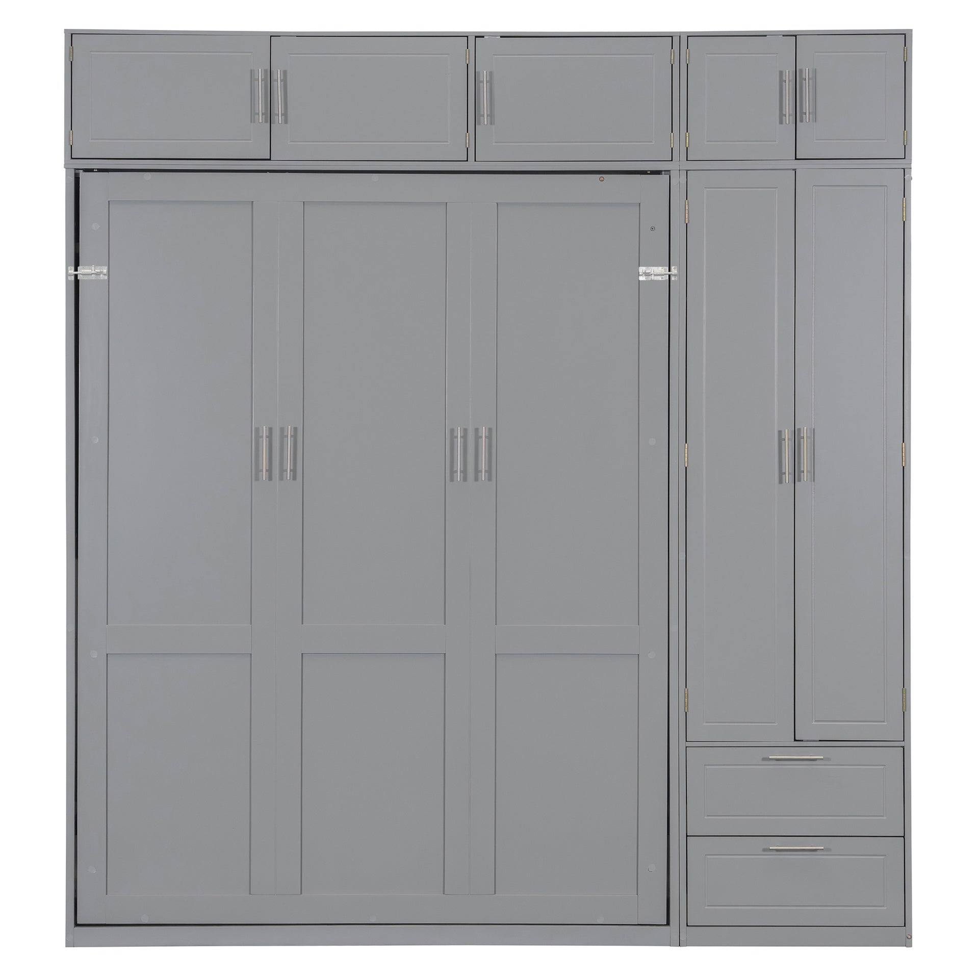 Queen Size Wall Murphy Bed with Top Cabinet,Shelves  and  Wardrobe, Space Saving Foldable Bed,Gray(old sku:N708S00022E)