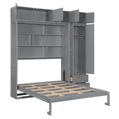 Queen Size Wall Murphy Bed with Top Cabinet,Shelves  and  Wardrobe, Space Saving Foldable Bed,Gray(old sku:N708S00022E)