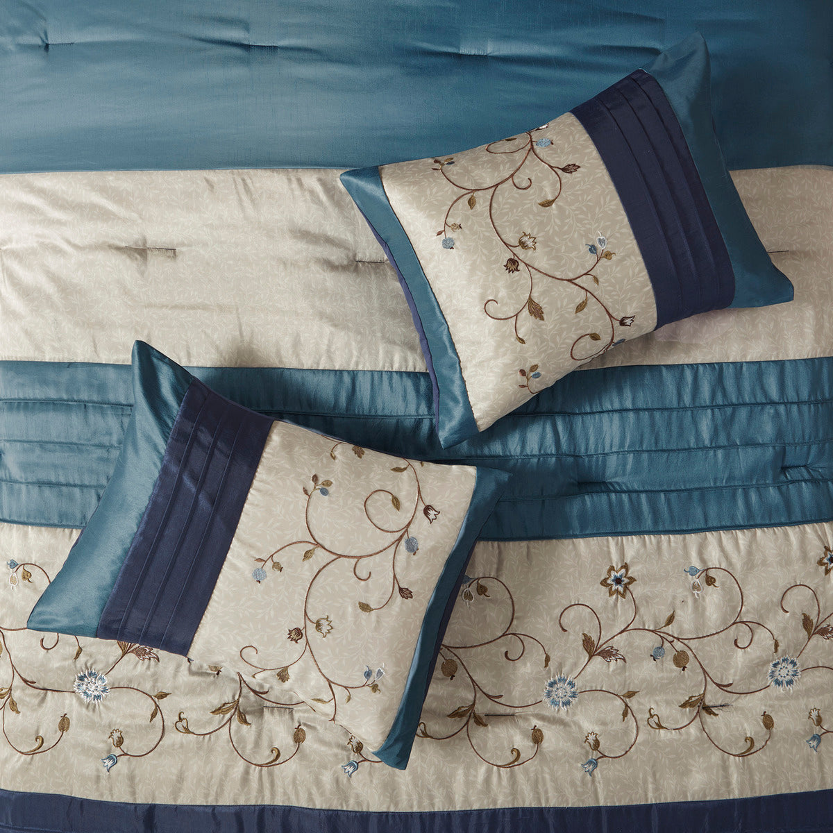 Embroidered 7 Piece Comforter Set Navy Queen