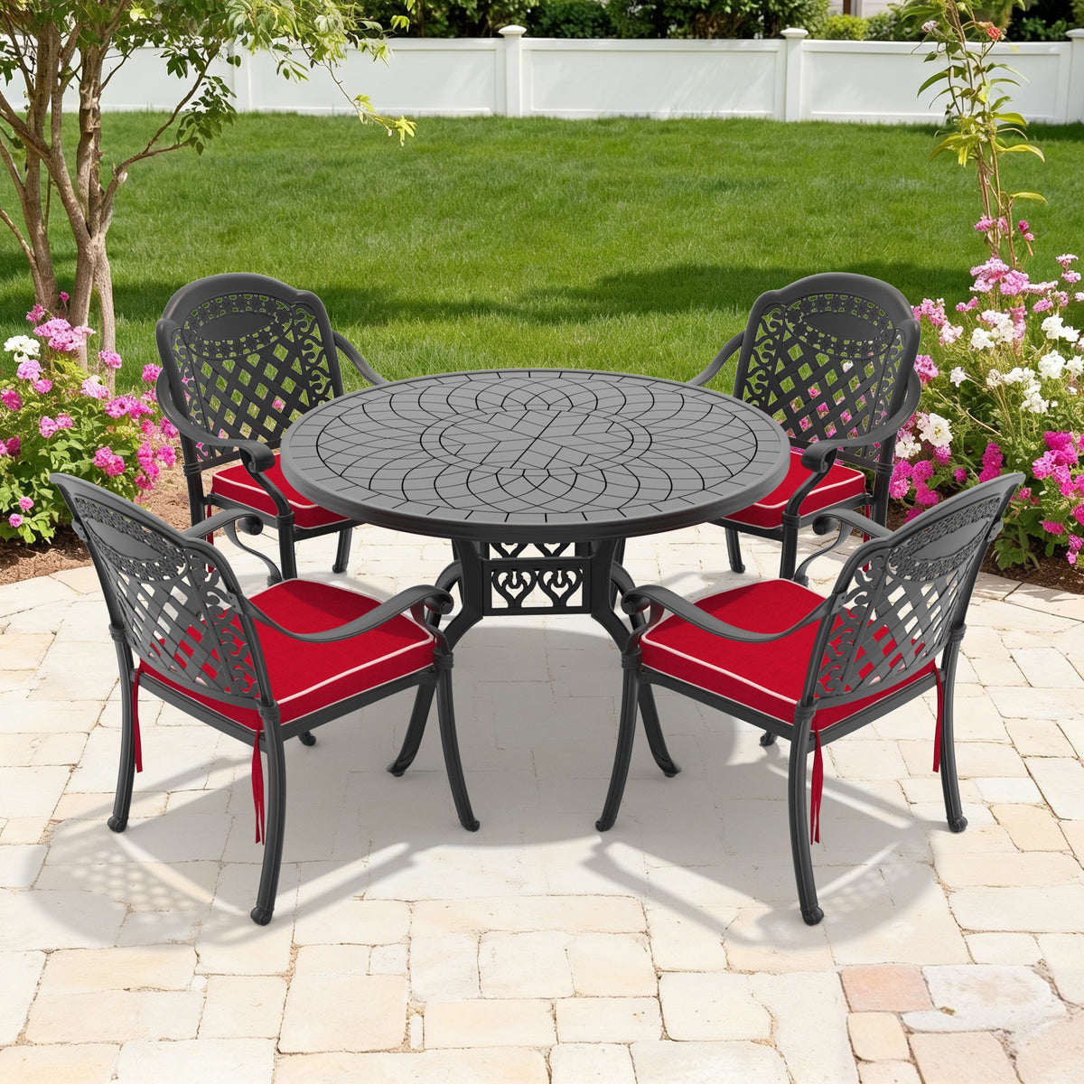 5-Piece Set Of Cast Aluminum Patio Furniture With Red Cushions