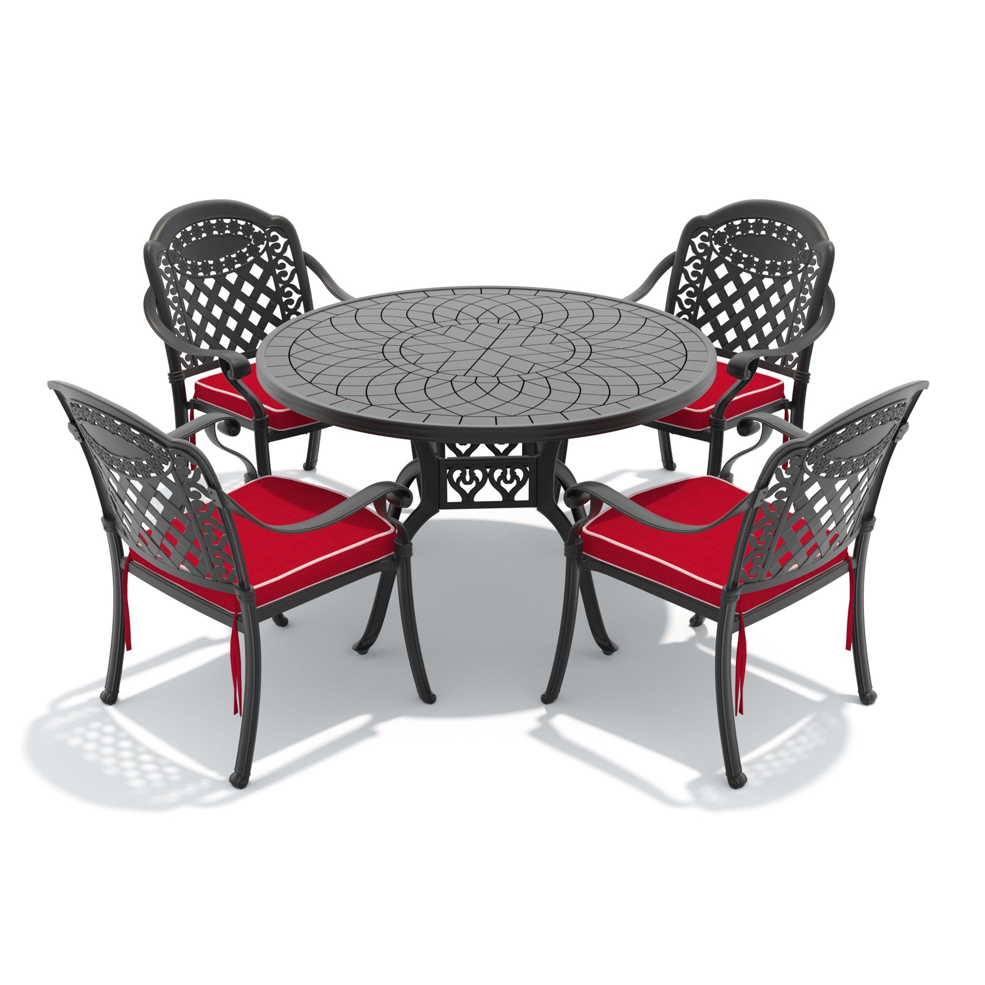 5-Piece Set Of Cast Aluminum Patio Furniture With Red Cushions