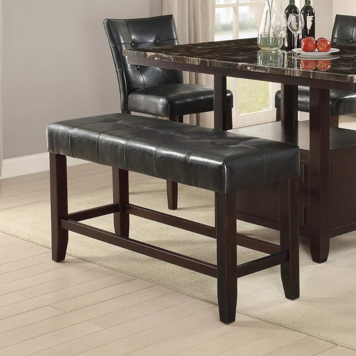 Dining Room Furniture 6pc Counter Height Dining Set Dining Table w Storage 4x High Chairs 1x Bench Black Faux Leather Tufted Seats Faux Marble Table Top