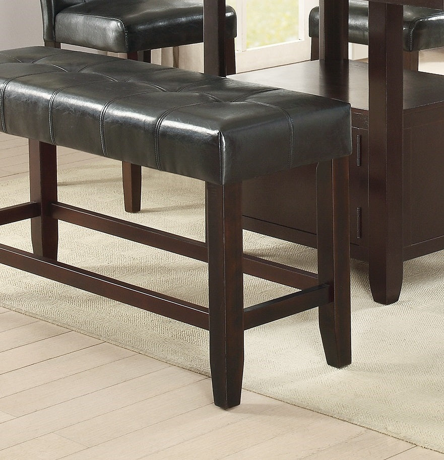 Dining Room Furniture 6pc Counter Height Dining Set Dining Table w Storage 4x High Chairs 1x Bench Black Faux Leather Tufted Seats Faux Marble Table Top