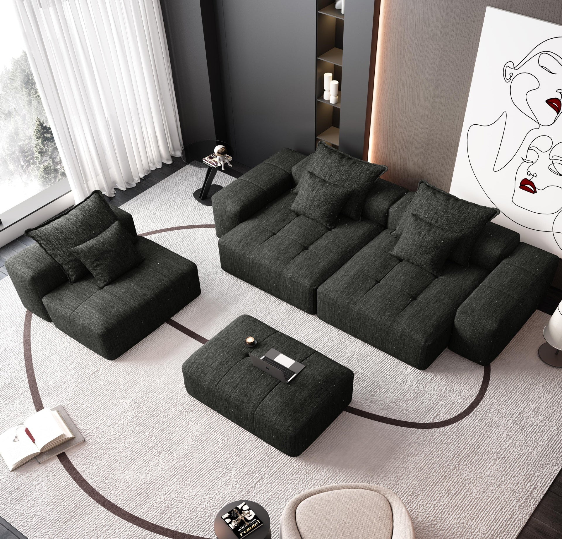 Modern Oversized Modular Sectional Sofa,Sparkling Chenille Fabric Soft Cushion Sofa with 6 Pillows,6 PCS DIY Combination Tufted Sofa,No Assembly Required,BLACK