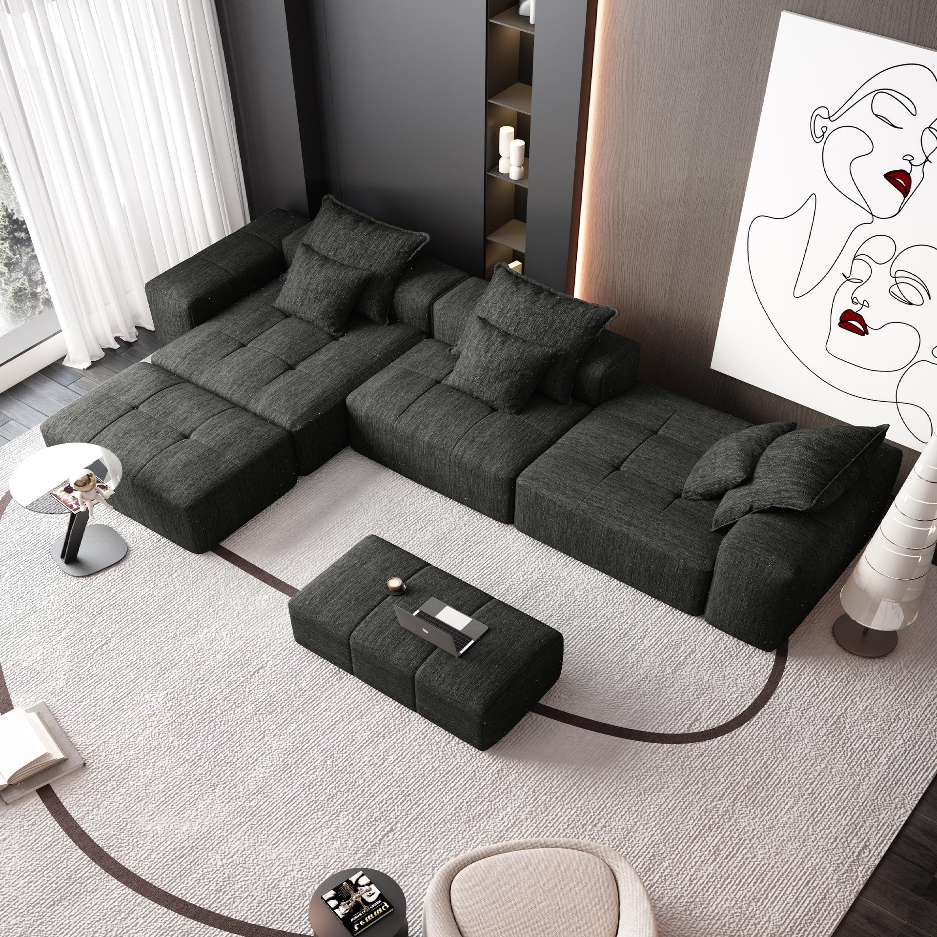 Modern Oversized Modular Sectional Sofa,Sparkling Chenille Fabric Soft Cushion Sofa with 6 Pillows,6 PCS DIY Combination Tufted Sofa,No Assembly Required,BLACK