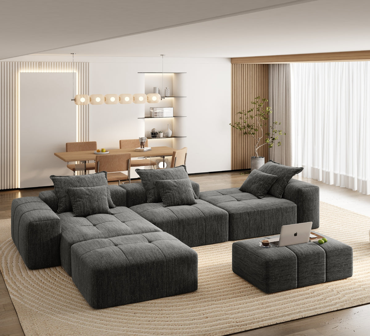 Modern Oversized Modular Sectional Sofa,Sparkling Chenille Fabric Soft Cushion Sofa with 6 Pillows,6 PCS DIY Combination Tufted Sofa,No Assembly Required,BLACK