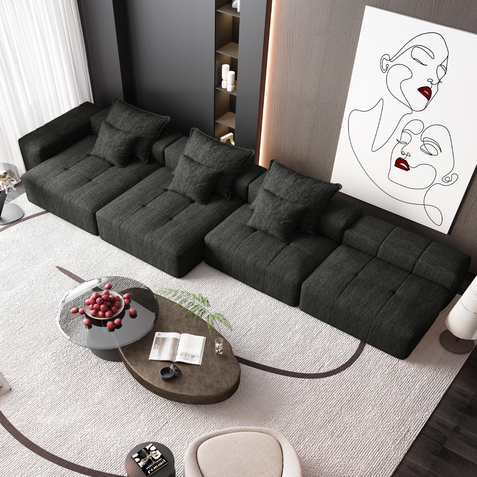 Modern Oversized Modular Sectional Sofa,Sparkling Chenille Fabric Soft Cushion Sofa with 6 Pillows,6 PCS DIY Combination Tufted Sofa,No Assembly Required,BLACK