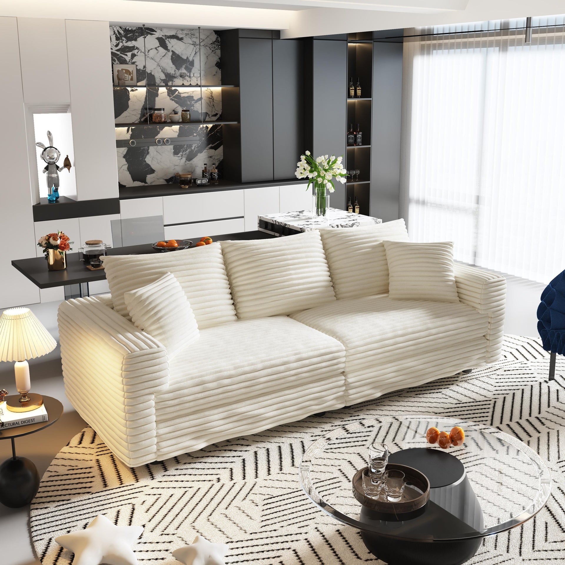 82.7 "Plush Corduroy 3-Seat Sofa,Modern Comfy Upholstered Sofa Cloud Couch,Deep Seat Couches with Soft Pillows and 1 Ottomans,Convertible Sofa Lounge Chair,for Living Room,Apartment,Office,Beige/White