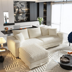 82.7 "Plush Corduroy 3-Seat Sofa,Modern Comfy Upholstered Sofa Cloud Couch,Deep Seat Couches with Soft Pillows and 1 Ottomans,Convertible Sofa Lounge Chair,for Living Room,Apartment,Office,Beige/White