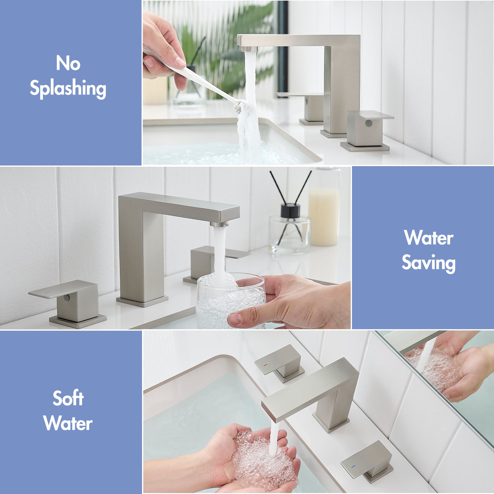 Bathroom Stainless Steel Faucets for Sink 3 Hole Brushed Nickel 8 inch Widespread Bathroom Sink Faucet Double Lever Handle Faucet Bathroom Vanity Faucet Basin Mixer Tap Faucet with Hose