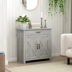HOMCOM Farmhouse Sideboard Buffet Cabinet, Barn Door Coffee Bar Cabinet with Drawer and Adjustable Shelf, Kitchen Cabinet for Living Room, Entryway, Stone Gray