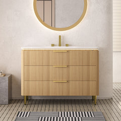 AMARA 48'' Bathroom Vanity&Sink, Freestanding Curved Edges Ultra-Slim Grille Plywood Storage Cabinet, 3 Drawers, Carrara White Sintered Stone Integrated Basin, Pre-assembled, Light Oak Woodgrain Color