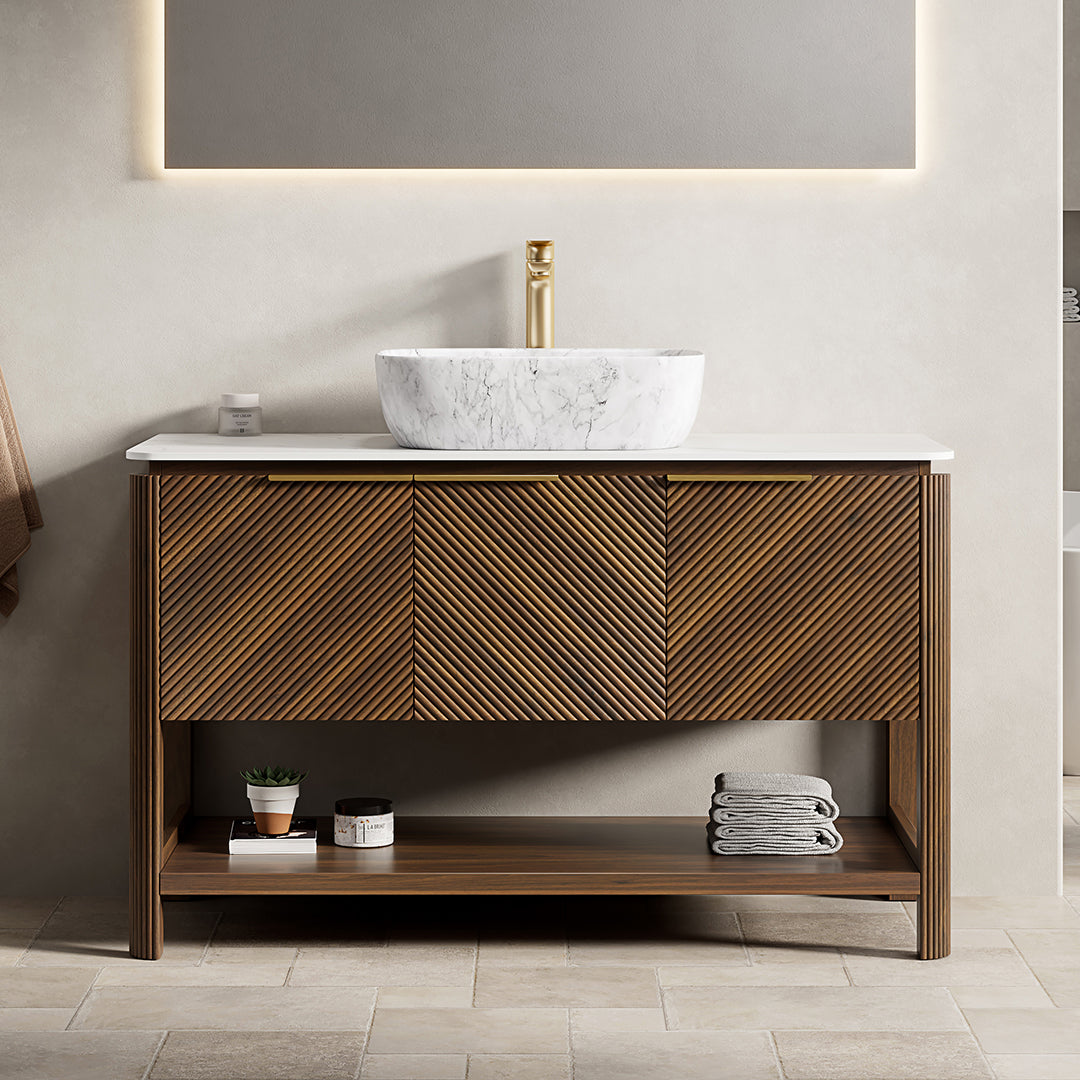 INDIGO 48" Bathroom Vanity&Sink, Freestanding Plywood Storage Cabinet with 3 Diagonal Striped Doors&Open Shelf, Marble Pattern Ceramic Basin&Carrara White Sintered Stone Top, Dark Walnut Woodgrain