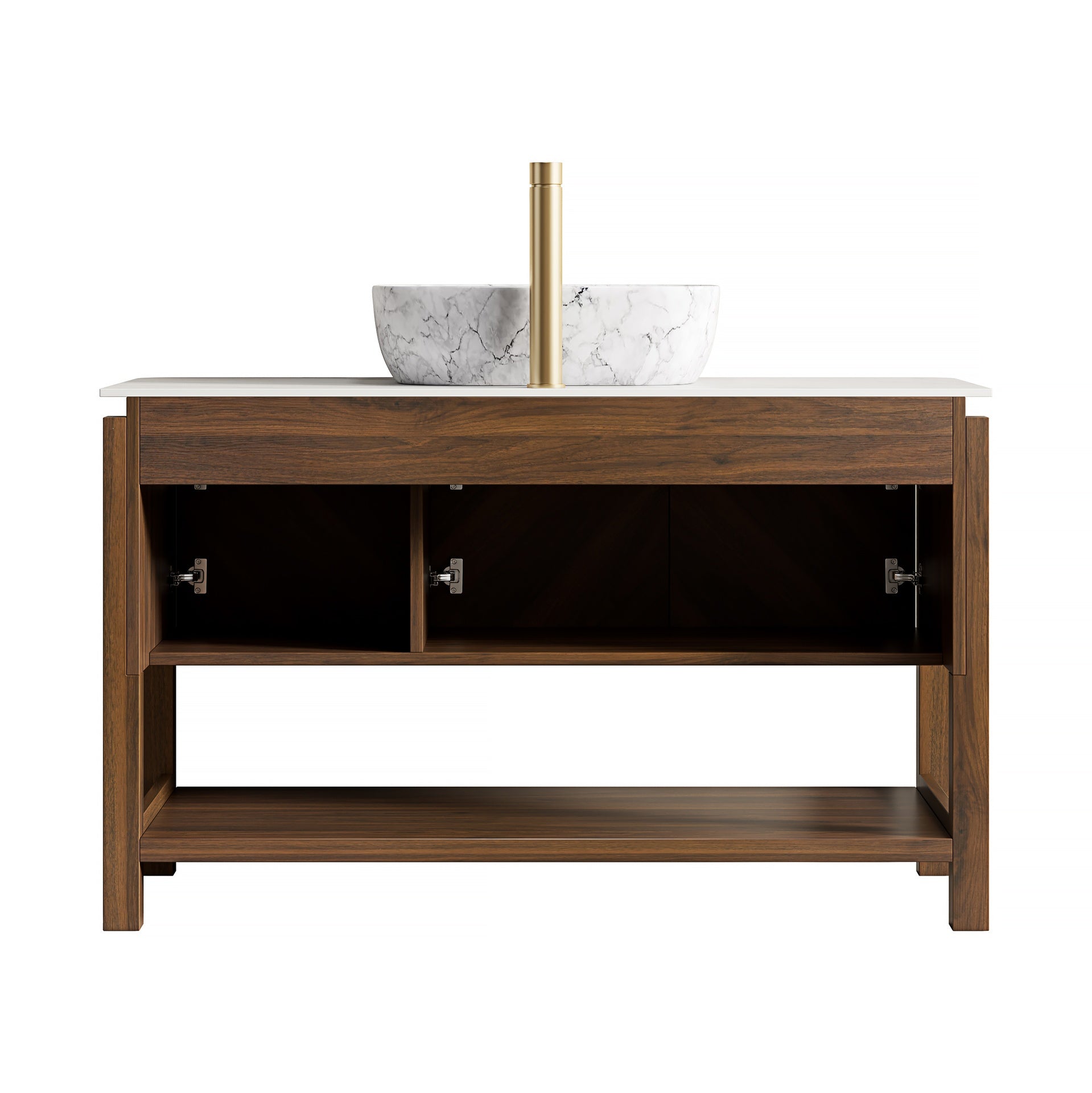 INDIGO 48" Bathroom Vanity&Sink, Freestanding Plywood Storage Cabinet with 3 Diagonal Striped Doors&Open Shelf, Marble Pattern Ceramic Basin&Carrara White Sintered Stone Top, Dark Walnut Woodgrain