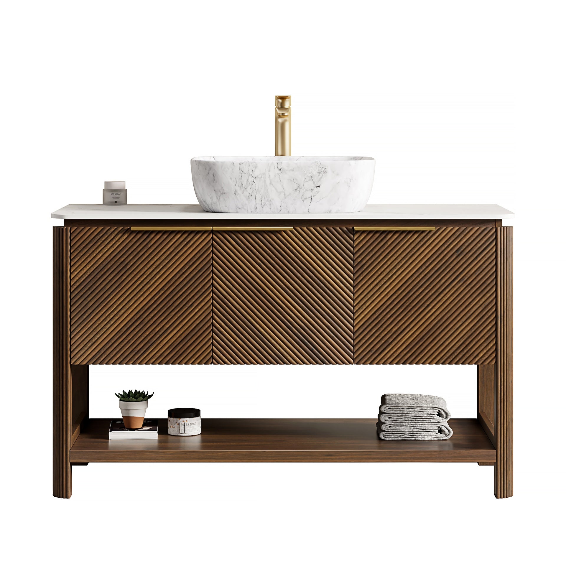 INDIGO 48" Bathroom Vanity&Sink, Freestanding Plywood Storage Cabinet with 3 Diagonal Striped Doors&Open Shelf, Marble Pattern Ceramic Basin&Carrara White Sintered Stone Top, Dark Walnut Woodgrain