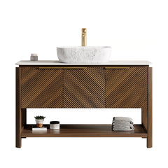 INDIGO 48" Bathroom Vanity&Sink, Freestanding Plywood Storage Cabinet with 3 Diagonal Striped Doors&Open Shelf, Marble Pattern Ceramic Basin&Carrara White Sintered Stone Top, Dark Walnut Woodgrain