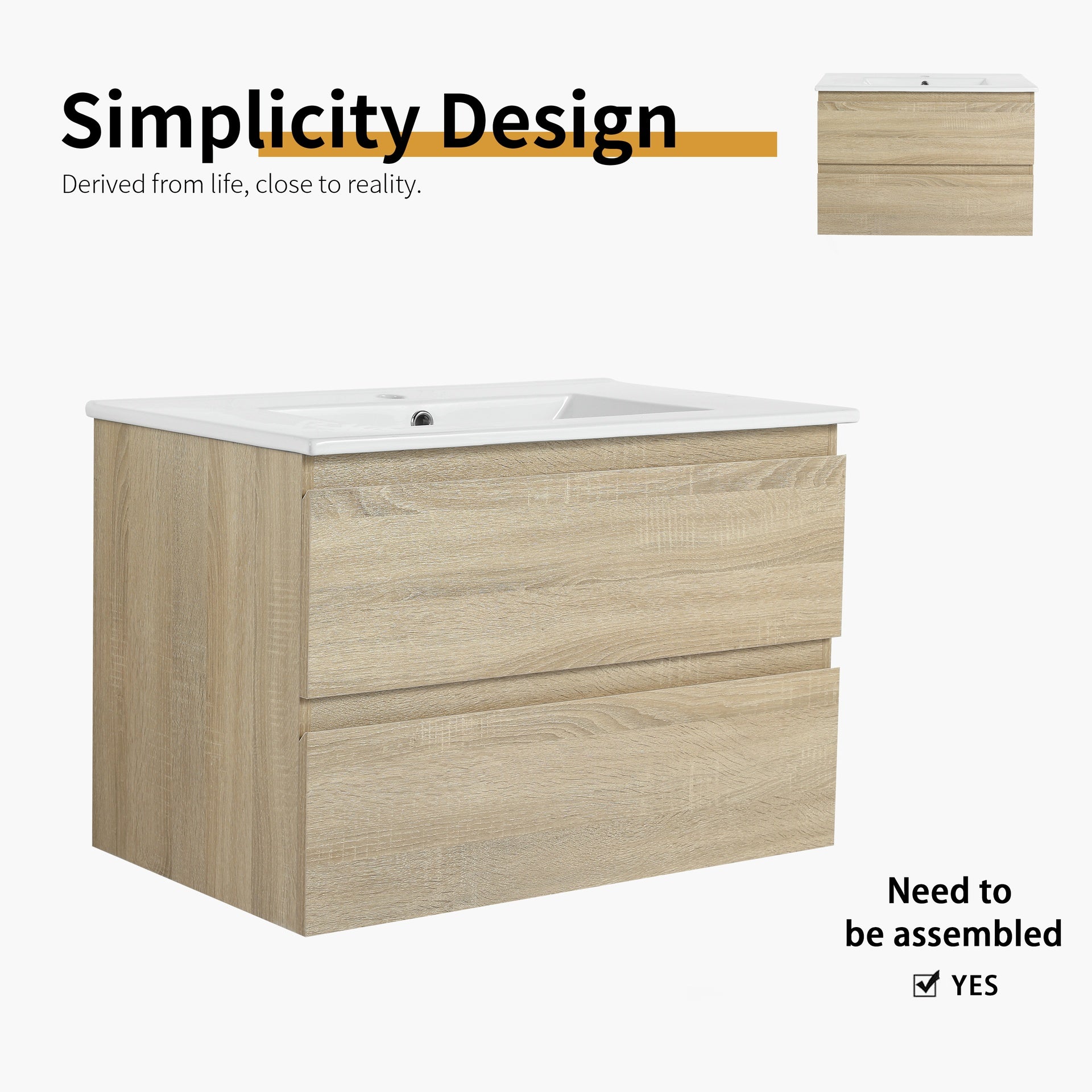 30" Wall-Mounted Bathroom Vanity With Ceramic Sink, 2-Soft Close Drawers, KD-Package