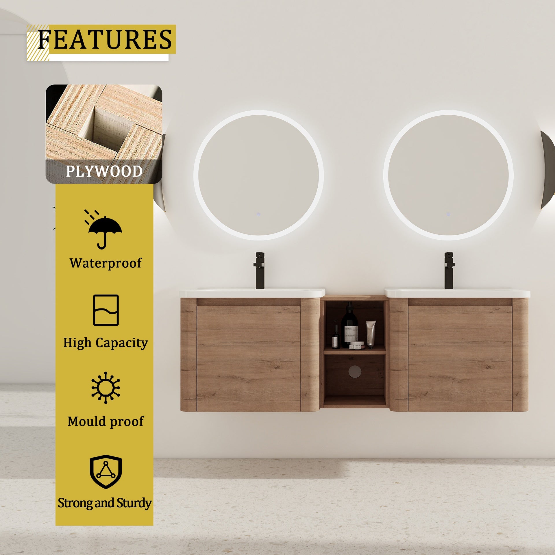 60'' Wall-Mounted Bathroom Vanity with White Ceramic Sink and Storage Shelves & 2-Soft-Close Door, KD-Packing, Plywood