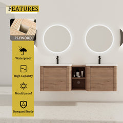 60'' Wall-Mounted Bathroom Vanity with White Ceramic Sink and Storage Shelves & 2-Soft-Close Door, KD-Packing, Plywood