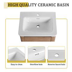 60'' Wall-Mounted Bathroom Vanity with White Ceramic Sink and Storage Shelves & 2-Soft-Close Door, KD-Packing, Plywood