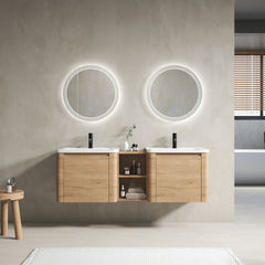 60'' Wall-Mounted Bathroom Vanity with White Ceramic Sink and Storage Shelves & 2-Soft-Close Door, KD-Packing, Plywood