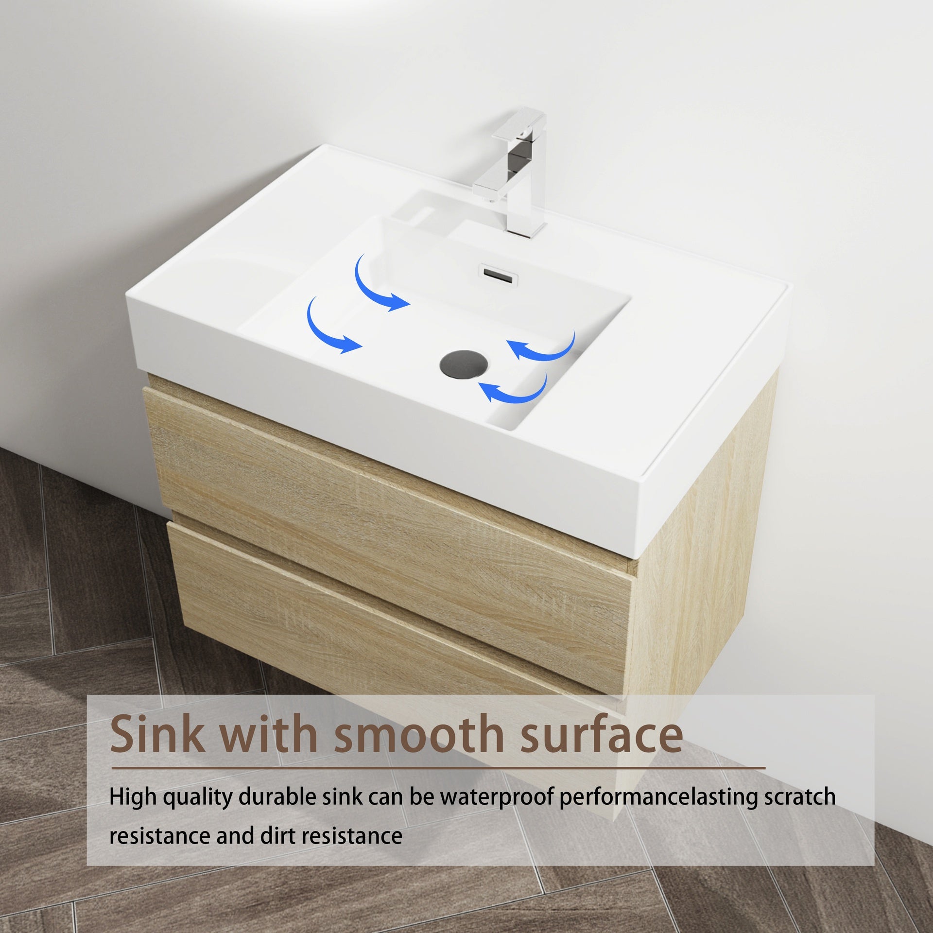 30" Wall-Mounted Bathroom Vanity With Resin Sink, 2-Soft Close Drawers, KD-Package