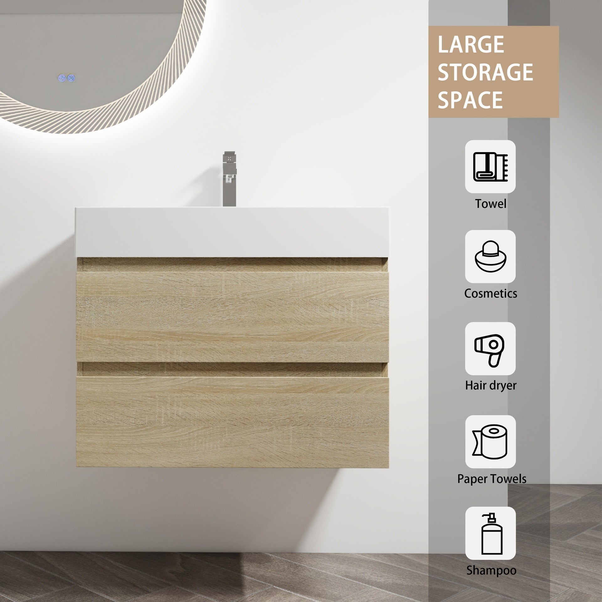 30" Wall-Mounted Bathroom Vanity With Resin Sink, 2-Soft Close Drawers, KD-Package