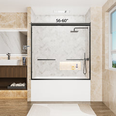 56"-60" W x 57" H Aluminum Frame Double Sliding Shower Door, Soft-Close Matte Black Bathtub Door, 1/4" (6mm) Clear Tempered Glass With Explosion-proof Film, Dual Stainless Steel Handles