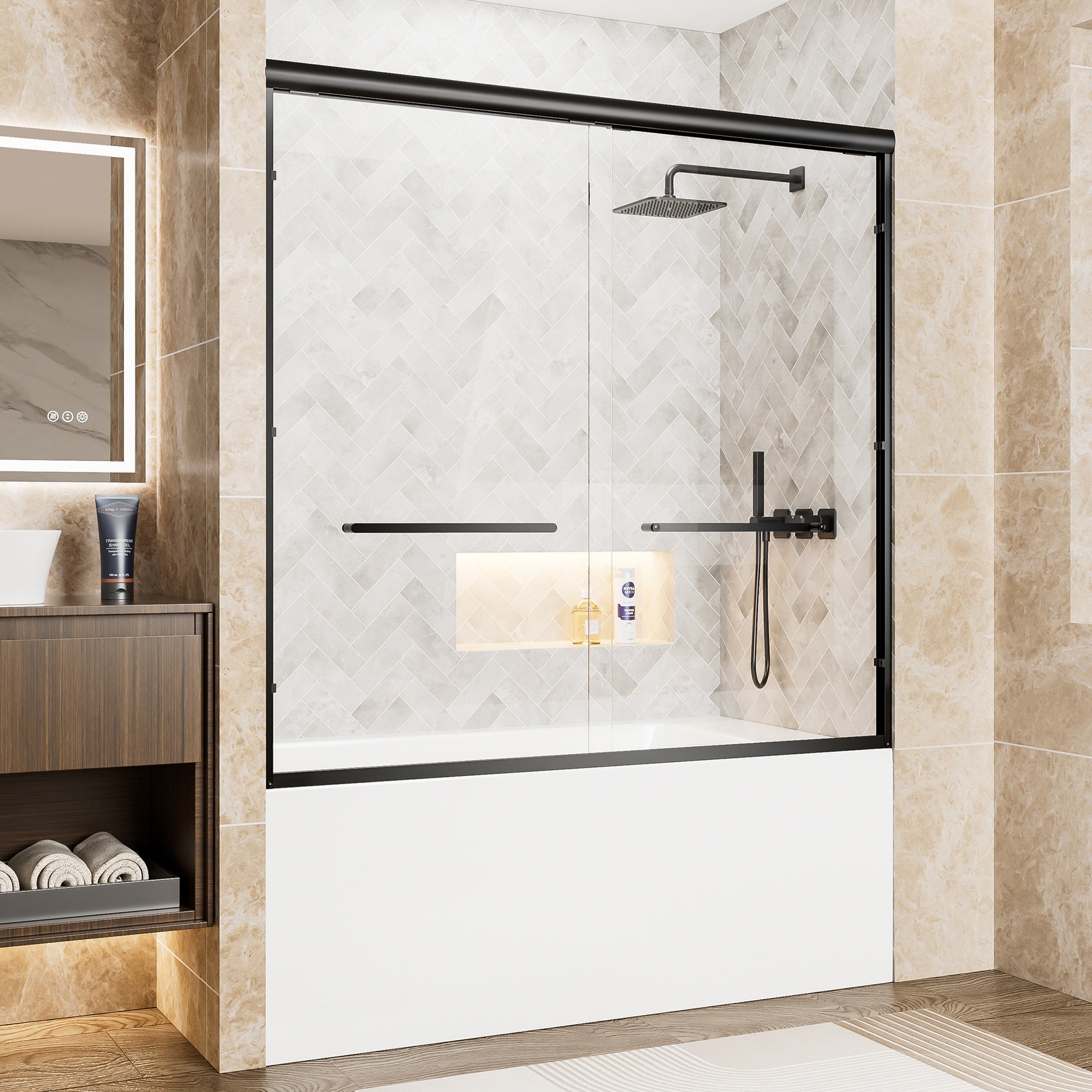 56"-60" W x 57" H Aluminum Frame Double Sliding Shower Door, Soft-Close Matte Black Bathtub Door, 1/4" (6mm) Clear Tempered Glass With Explosion-proof Film, Dual Stainless Steel Handles