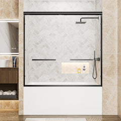 56"-60" W x 57" H Aluminum Frame Double Sliding Shower Door, Soft-Close Matte Black Bathtub Door, 1/4" (6mm) Clear Tempered Glass With Explosion-proof Film, Dual Stainless Steel Handles