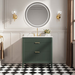 Fully Assembled 36''  Green Freestanding Single Sink Bathroom Vanity with Solid Wood Construction and Engineered Marble Top