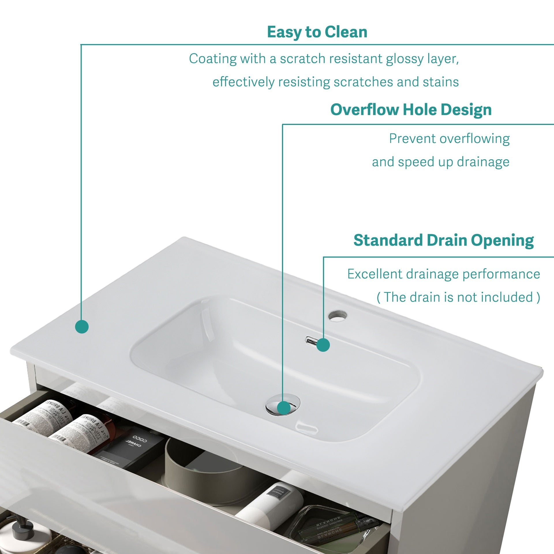 BB0936Y311, Integrated white ceramic basin, drain assembly NOT included