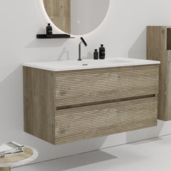 Gloria 36" Wall Mounted Rough Oak&Rough Oak Bathroom Vanity with Integrated Ceramic Sink with Overflow, Large Storage Floating Bathroom Vanity for Modern Bathroom, Pre-assembled