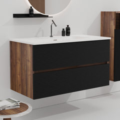 Gloria 36" Wall Mounted Soft Black & Walnut Bathroom Vanity with Integrated Ceramic Sink with Overflow, Large Storage Floating Bathroom Vanity for Modern Bathroom, KD