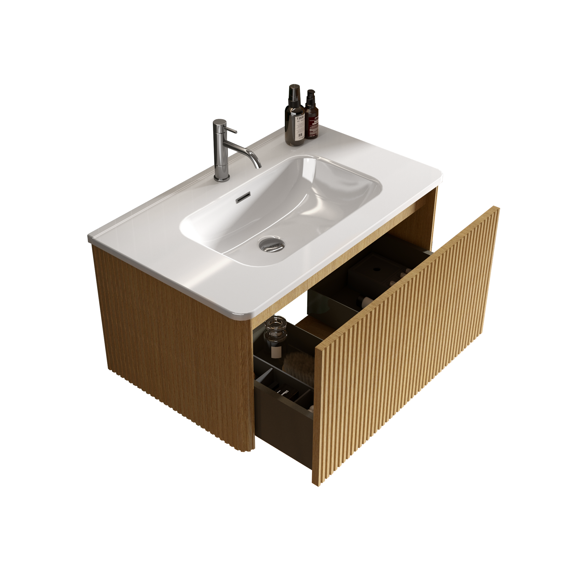 Etna 30" Striped Oak Bathroom Vanity with White Ceramic Sink, Wall Mounted Floating Bathroom Vanity for Modern Bathroom, KD