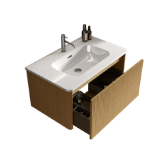 Etna 30" Striped Oak Bathroom Vanity with White Ceramic Sink, Wall Mounted Floating Bathroom Vanity for Modern Bathroom, KD