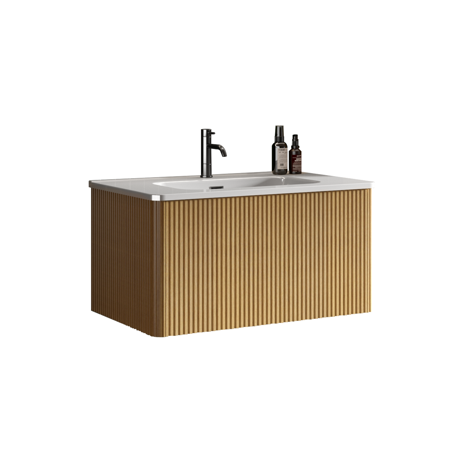 Etna 30" Striped Oak Bathroom Vanity with White Ceramic Sink, Wall Mounted Floating Bathroom Vanity for Modern Bathroom, KD