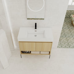 36" Bathroom Vanity Combo w/Single Resin Sink, Modern Storage Cabinet Set 2 Door, Multilayer solid wood, Oak