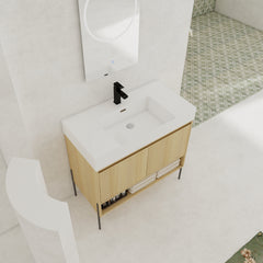 36" Bathroom Vanity Combo w/Single Resin Sink, Modern Storage Cabinet Set 2 Door, Multilayer solid wood, Oak