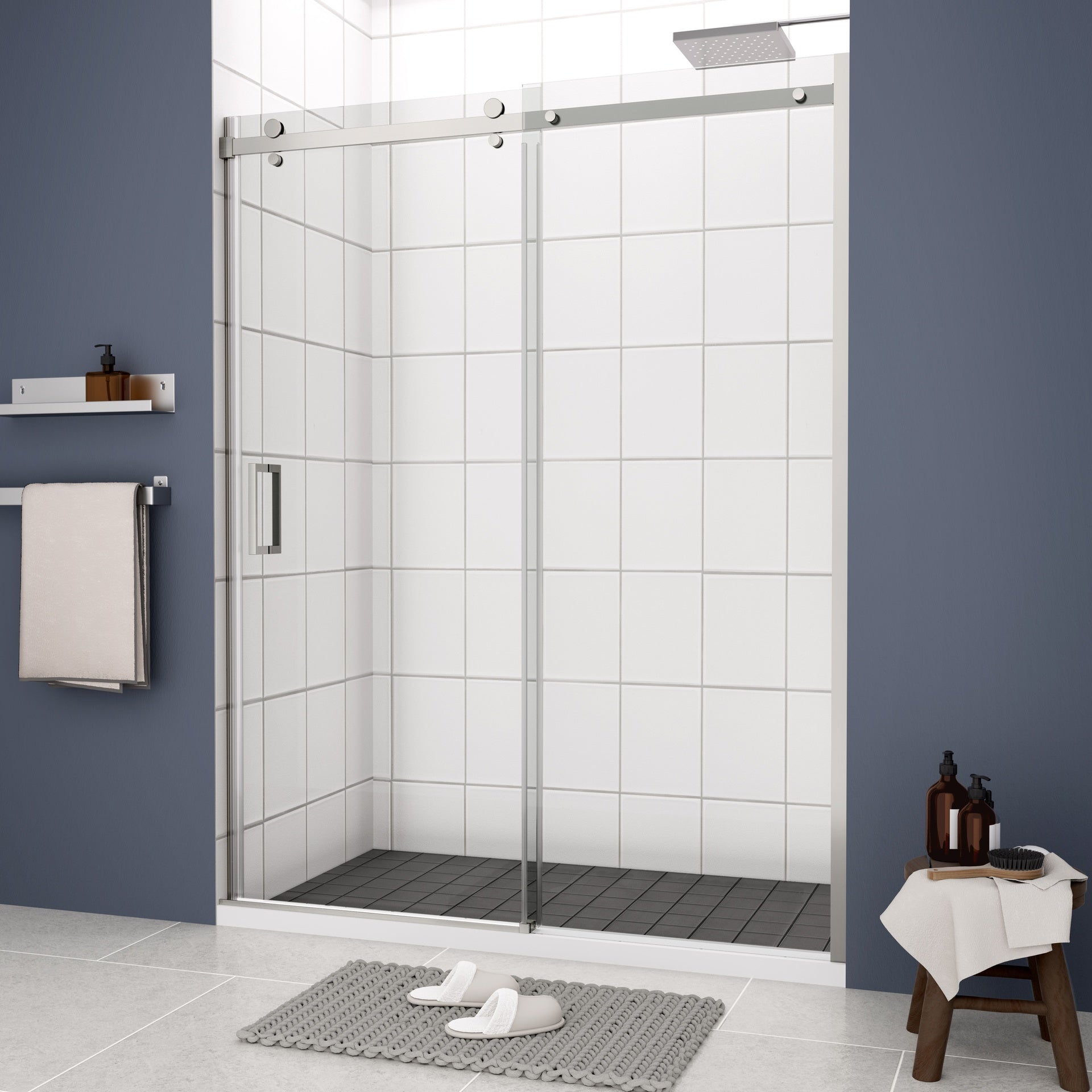 Glass shower door, sliding door, with 5/16" tempered glass and Polished Chrome finish 6074