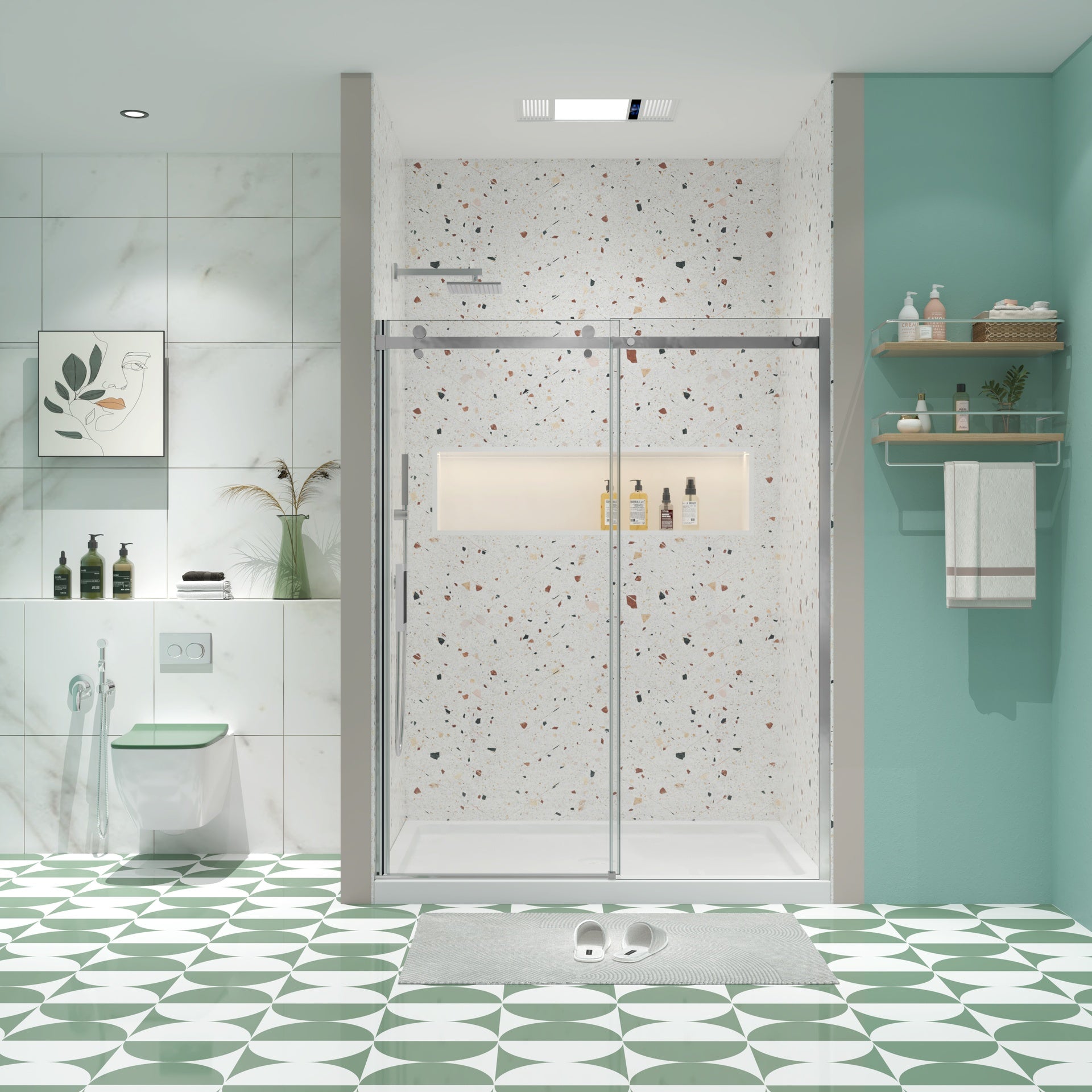Glass shower door, sliding door, with 5/16" tempered glass and Polished Chrome finish 6074