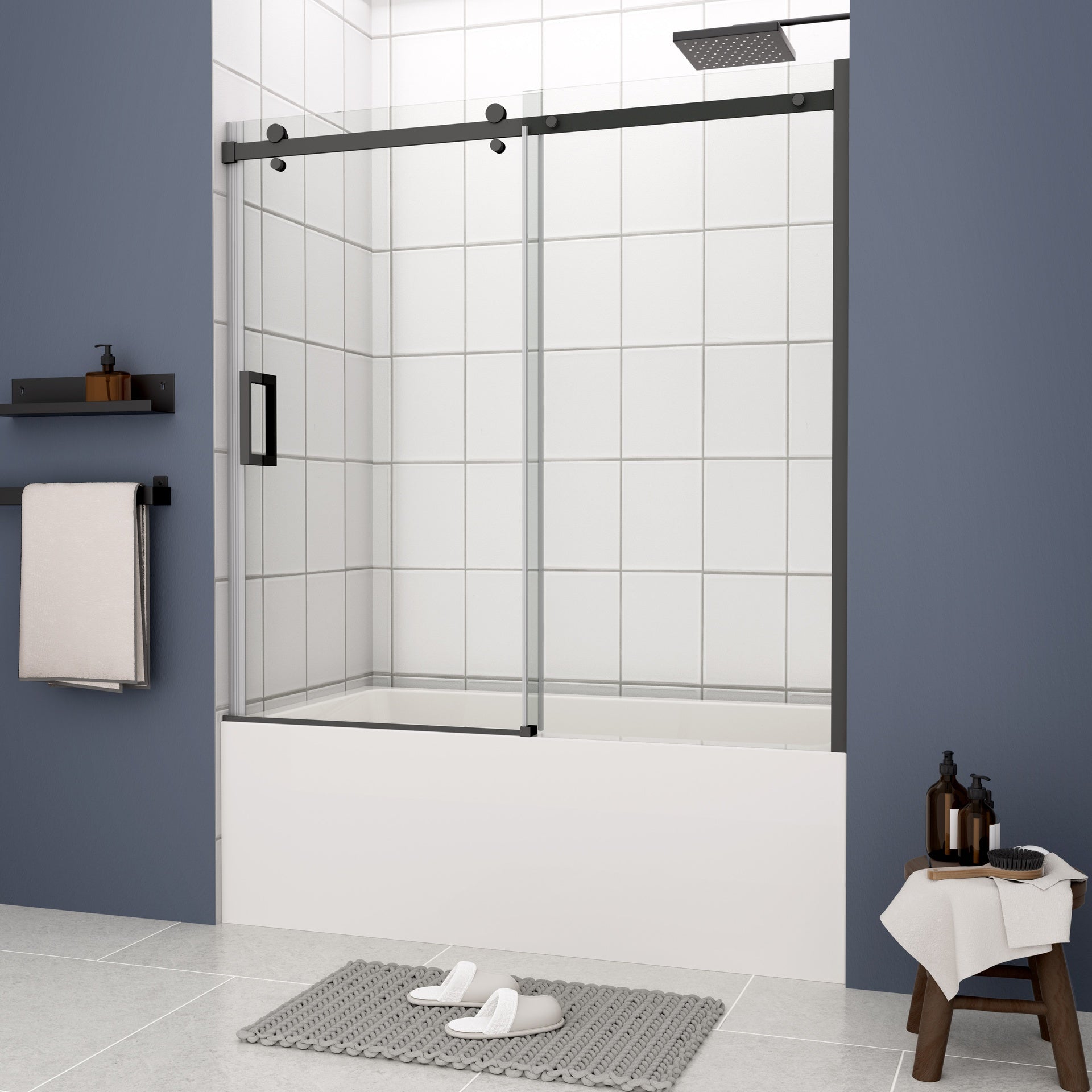 Bathtub shower door, sliding door, with 5/16" tempered glass and Matted black finish 6058
